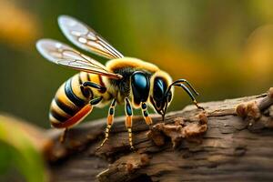 un abeja es sentado en un Iniciar sesión con sus alas desparramar. generado por ai foto