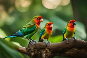 three colorful birds sitting on a branch. AI-Generated photo