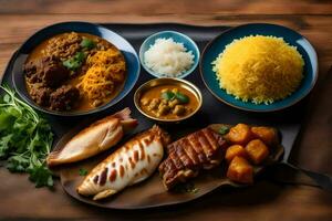 un bandeja de comida incluso arroz, pollo y vegetales. generado por ai foto