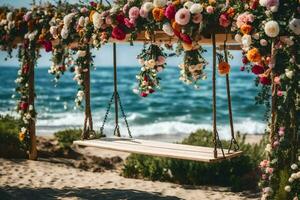 floral swing on the beach. AI-Generated photo