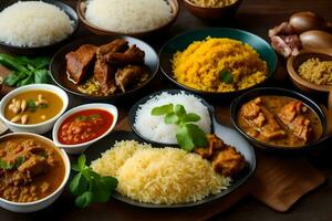 various dishes of indian food on a wooden table. AI-Generated photo