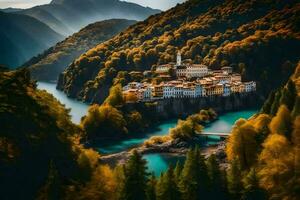 the village of lago di loro is surrounded by trees. AI-Generated photo