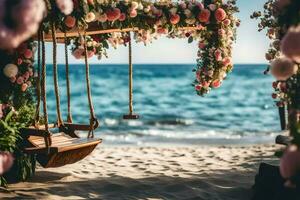 a swing on the beach with flowers. AI-Generated photo