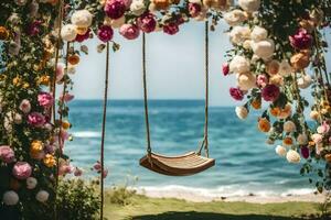 a swing hanging from a floral arch over the ocean. AI-Generated photo