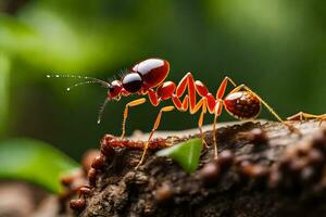 un rojo hormiga es caminando en un árbol trompa. generado por ai foto