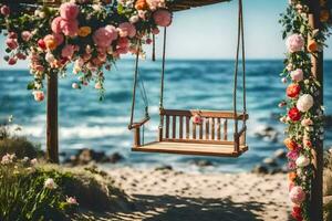 wooden swing on the beach with flowers. AI-Generated photo