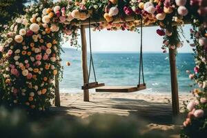 a swing on the beach with flowers and a wooden arch. AI-Generated photo