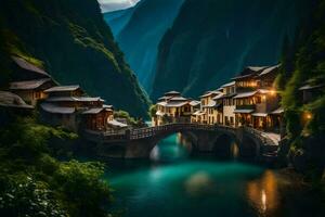 a bridge over a river in a mountain village. AI-Generated photo