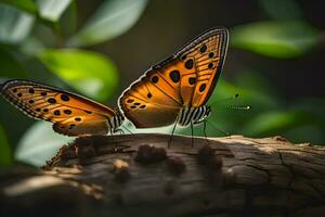 two butterflies are sitting on a log. AI-Generated photo