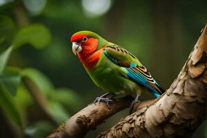 a colorful bird sits on a branch. AI-Generated photo