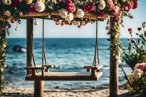 a swing on the beach with flowers. AI-Generated photo