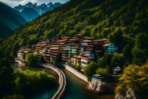 un pueblo en el montañas con un río. generado por ai foto