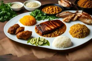 un plato de comida con arroz, frijoles, y carne. generado por ai foto