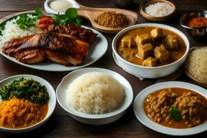 a variety of dishes are arranged on a wooden table. AI-Generated photo