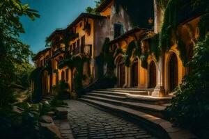 the cobblestone path leads to a building with vines growing on it. AI-Generated photo