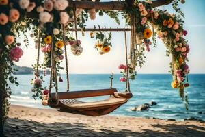 a swing on the beach with flowers. AI-Generated photo