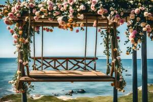 a swing with flowers on the beach. AI-Generated photo