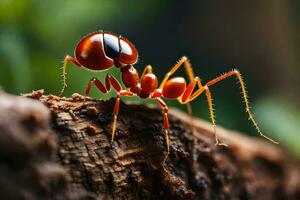 a red ant is standing on a log. AI-Generated photo