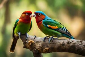 dos vistoso aves sentado en un rama. generado por ai foto