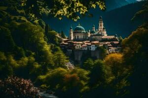 un Iglesia en el montañas rodeado por arboles generado por ai foto