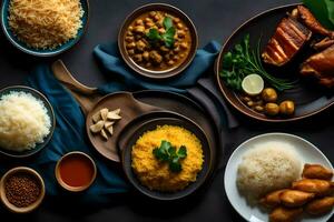 a variety of dishes are arranged on a table. AI-Generated photo