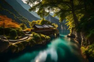 un hermosa paisaje con un puente terminado un río. generado por ai foto