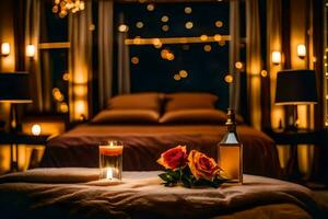 a bed with candles and roses in front of a window. AI-Generated photo