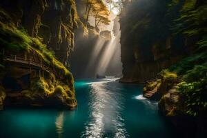 the sun shines through the water in a canyon. AI-Generated photo