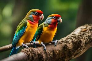 two colorful birds sitting on a branch. AI-Generated photo