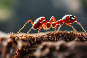 a red ant is standing on top of a log. AI-Generated photo