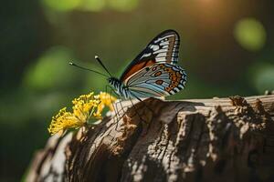 a butterfly sits on a log in the sun. AI-Generated photo