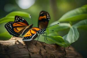 two butterflies are sitting on a tree branch. AI-Generated photo