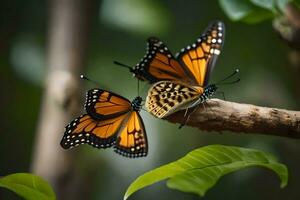 dos mariposas son sentado en un rama juntos. generado por ai foto