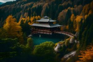 un pagoda se sienta en un puente terminado un lago en el montañas. generado por ai foto