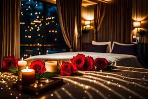 a bed with candles and roses in front of a window. AI-Generated photo