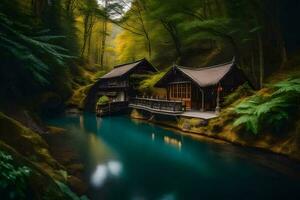 a small house sits on the edge of a river. AI-Generated photo