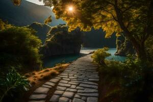 a stone path leads to a lake with trees and sun. AI-Generated photo