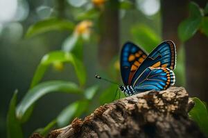 un azul mariposa se sienta en un árbol tocón. generado por ai foto