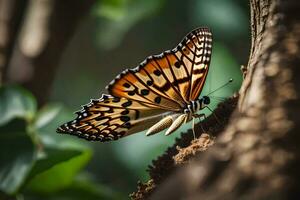 butterfly on a tree branch with green leaves. AI-Generated photo