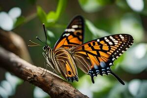 dos mariposas son sentado en un rama. generado por ai foto