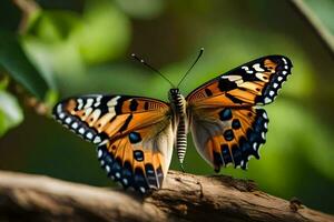 a butterfly is sitting on a branch with green leaves. AI-Generated photo
