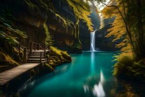 a wooden bridge leads to a waterfall in the forest. AI-Generated photo