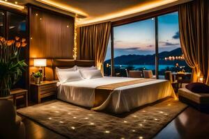 a bedroom with a view of the ocean and mountains. AI-Generated photo