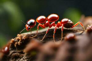 a red ant is standing on top of a log. AI-Generated photo