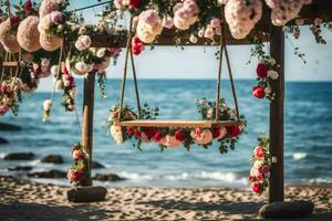 a swing with flowers hanging from it on the beach. AI-Generated photo