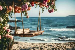 wooden swing on the beach. AI-Generated photo