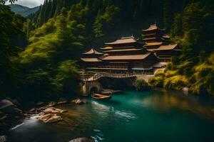 a chinese temple sits on the edge of a river. AI-Generated photo