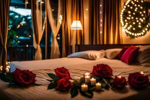 a bed with red roses and candles in front of a window. AI-Generated photo