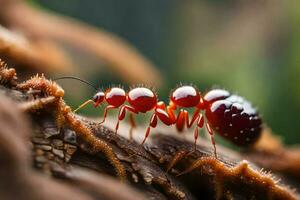 un rojo hormiga es caminando en un árbol rama. generado por ai foto