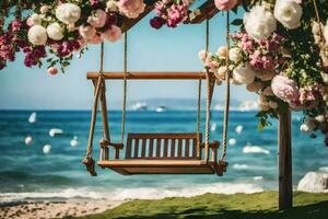 wooden swing on the beach. AI-Generated photo